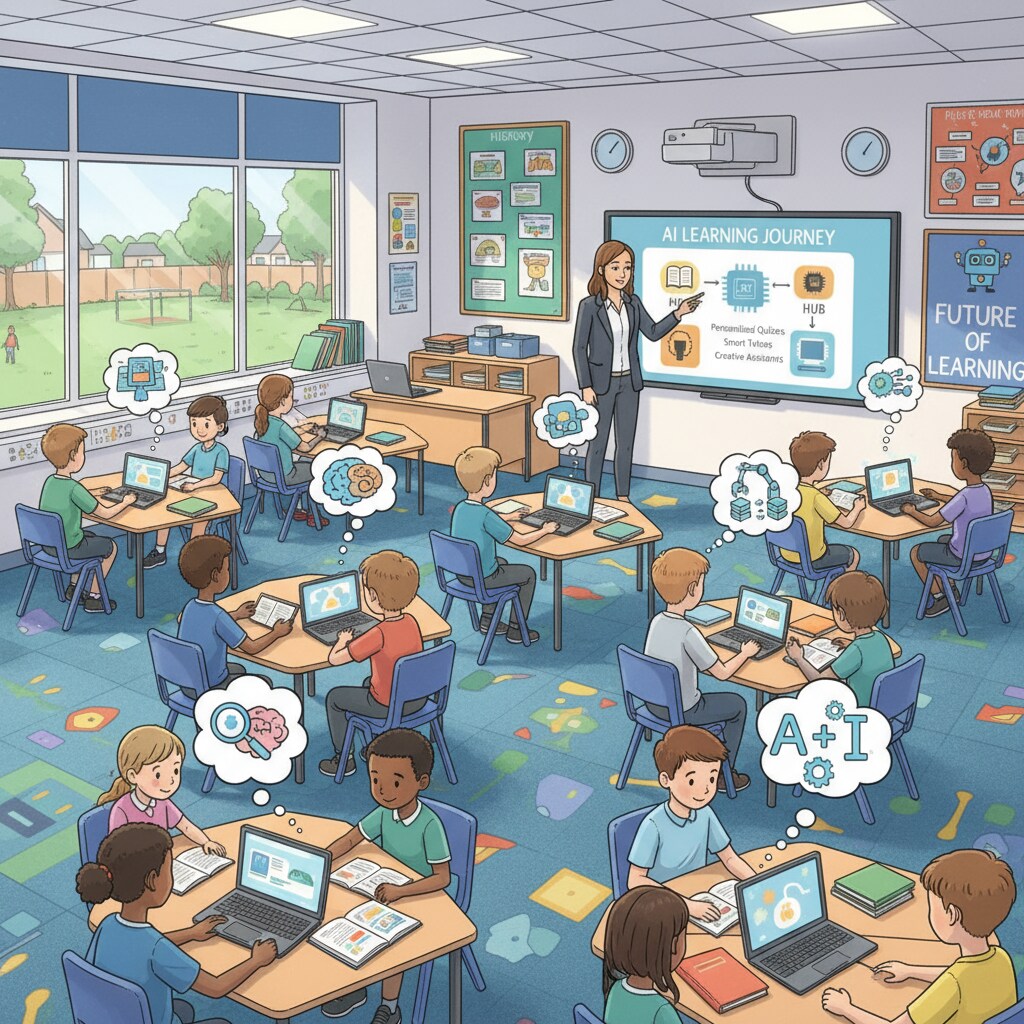 A classroom in a UK school with students using digital devices related to UK education system, curriculum reform, assessment methods, and artificial intelligence