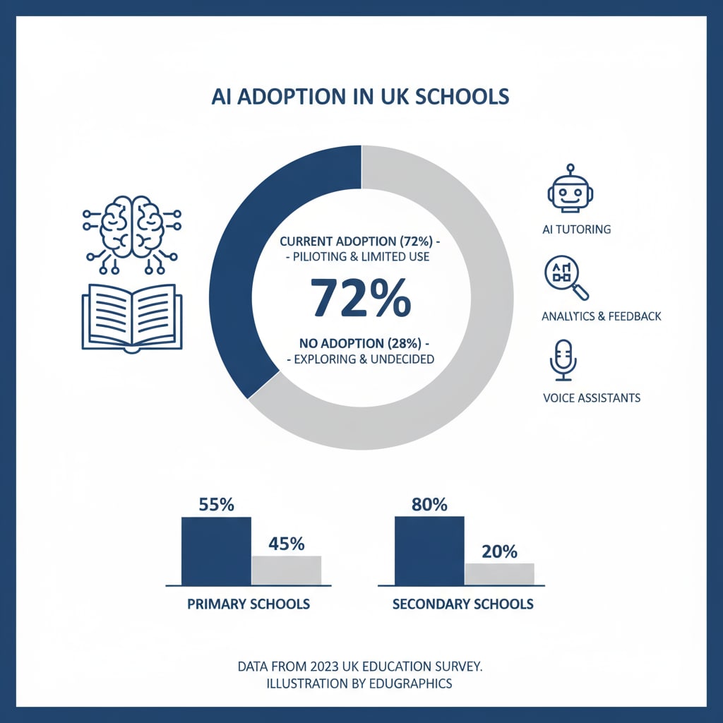 Graph showing the percentage of UK schools adopting AI - related teaching tools for UK education system, curriculum reform, assessment methods, and artificial intelligence