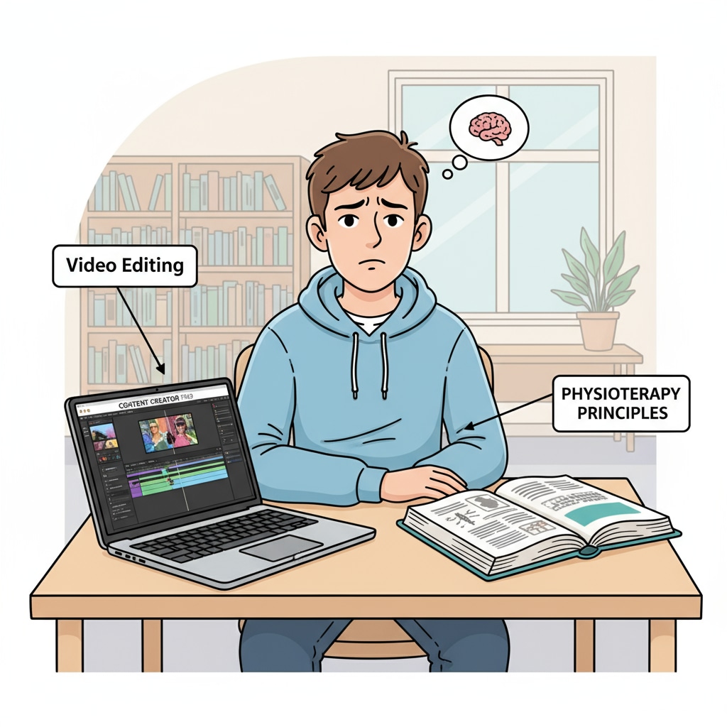 A young person facing career confusion between physiotherapy and content creation