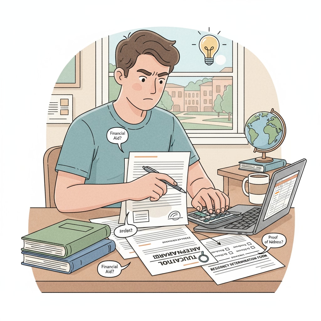 A student is carefully looking through documents related to tuition appeal and trying to determine their resident status. A student examining tuition appeal and resident status documents