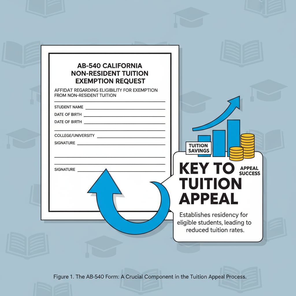A form titled AB-540 is shown, highlighting its importance in the tuition appeal process. AB-540 form for tuition appeal and resident status determination