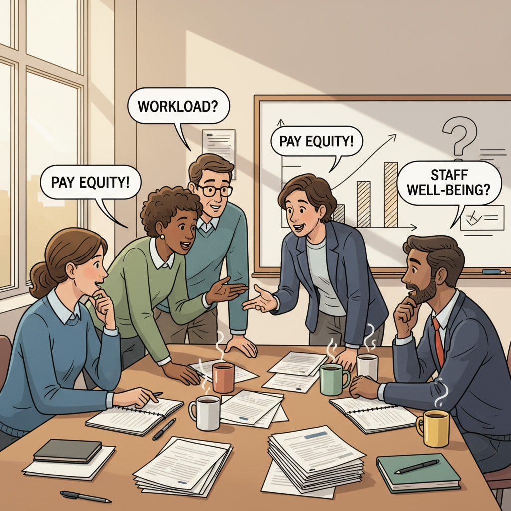 Teachers discussing teaching working conditions in a staff room