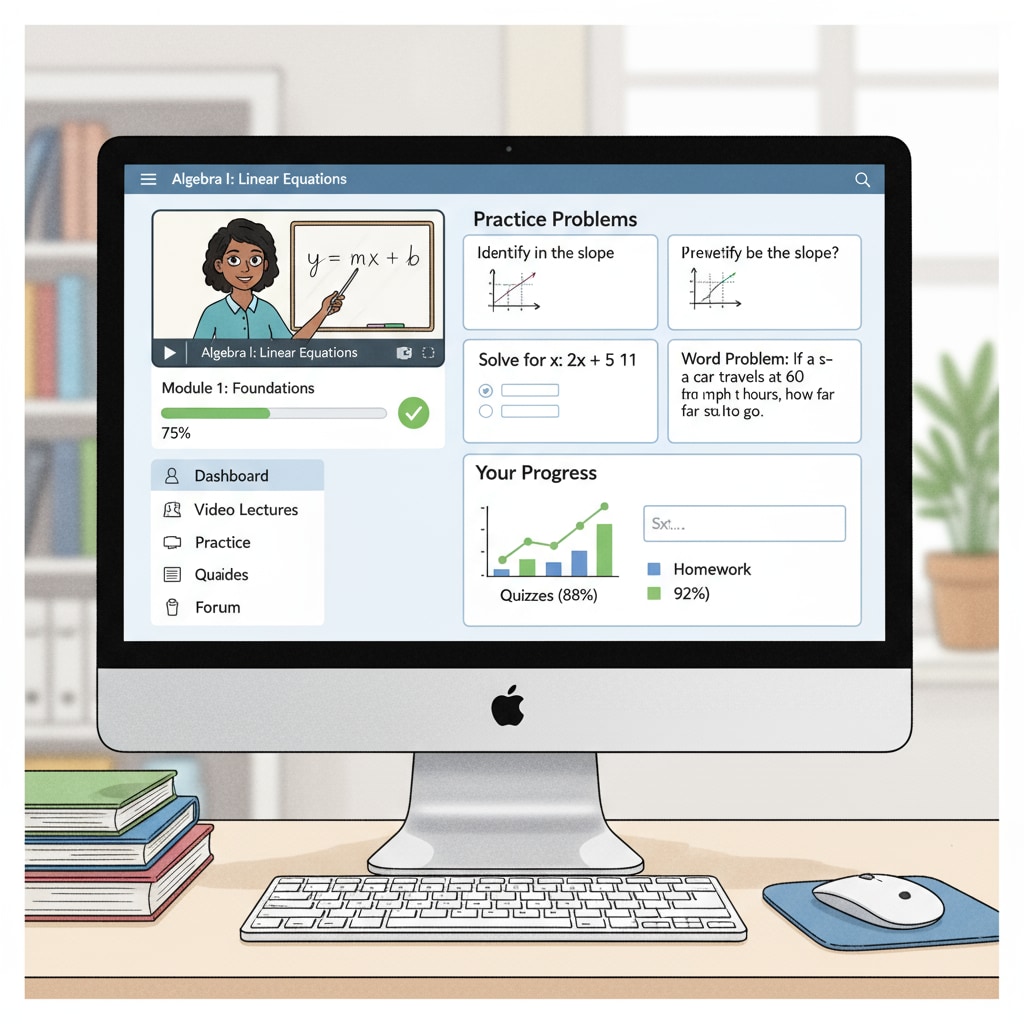 Online math course interface for high school students, relevant to high school math, standardized tests, and learning resources