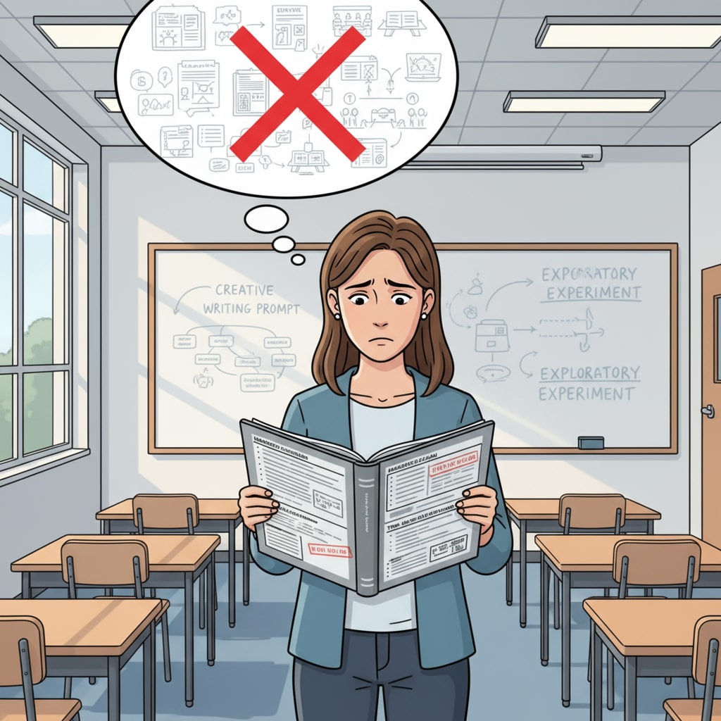 A K12 teacher showing signs of work pressure caused by micro management and lack of teaching autonomy while looking at a lesson plan