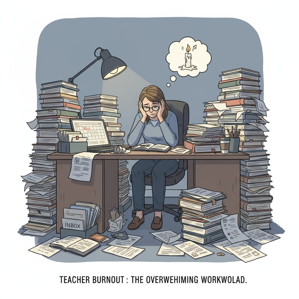 A tired teacher surrounded by excessive paperwork due to heavy workload, highlighting the issues of teacher burnout, excessive workload, and career planning.