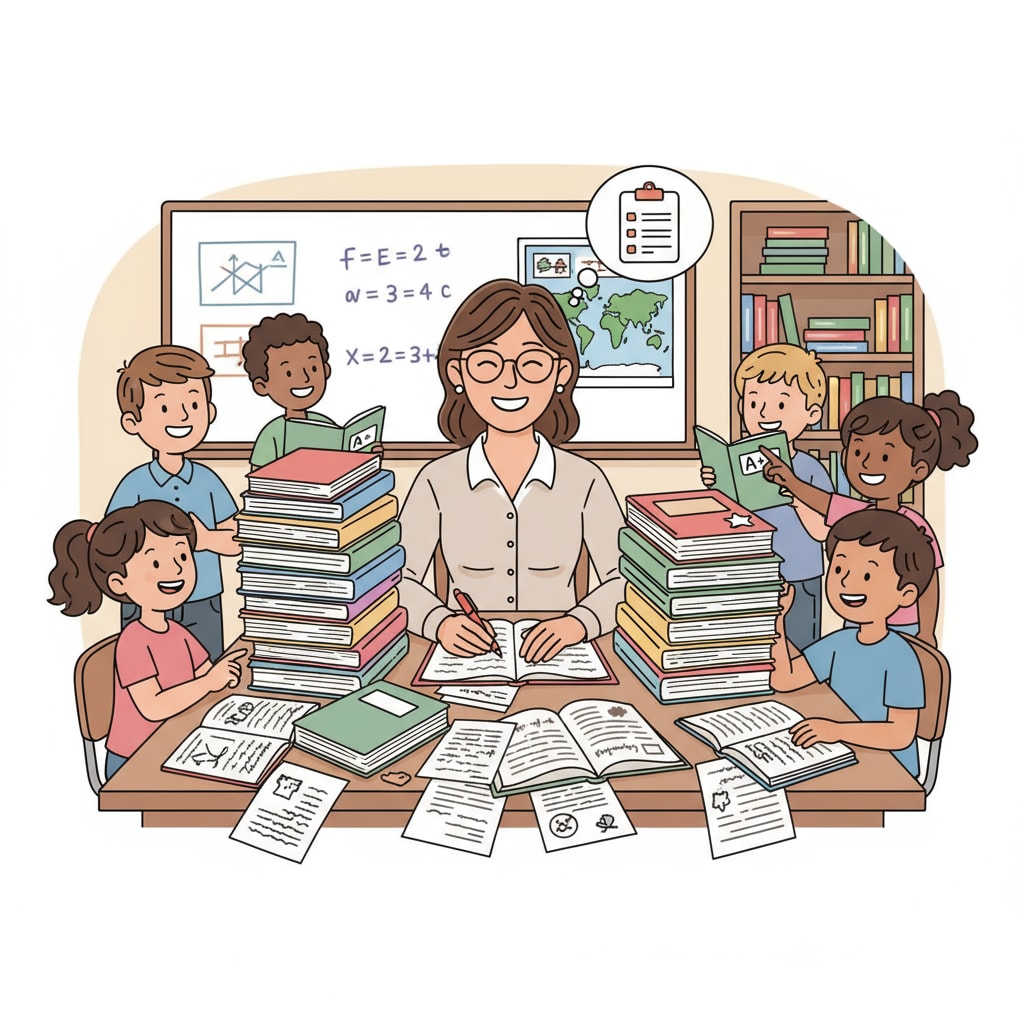 A teacher in a classroom surrounded by student materials, showing the burden of excessive workload related to teacher burnout and career planning.