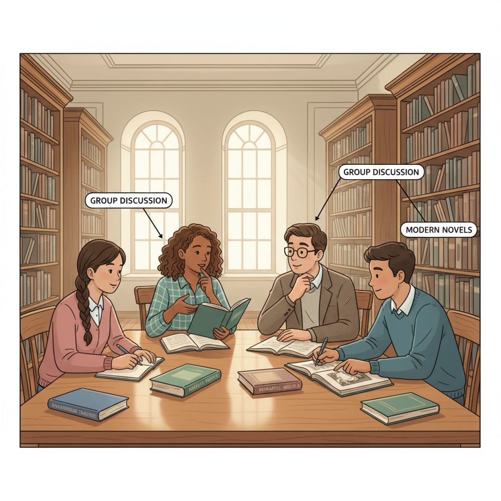 Students studying English literature in a library for stress management in a master's degree
