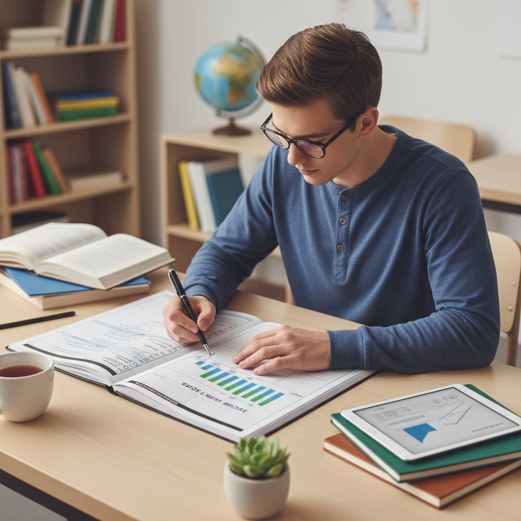 Student using a planner for time management in English literature master's degree