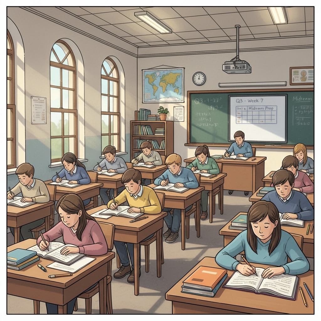 Students studying intensively during a quarter in a classroom