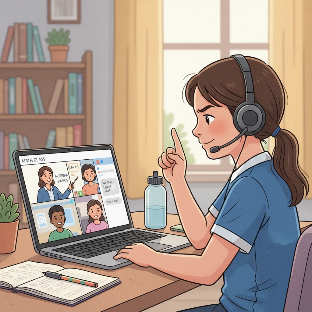 Student attending an online K12 class, highlighting the lack of in-person campus experience and need for self-discipline.