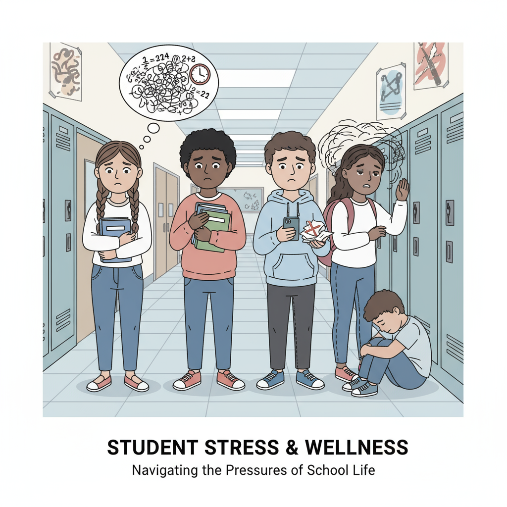 A group of students looking worried in a school corridor, indicating the stress and mental health issues they may be facing. Students showing signs of stress and mental health struggles in a school corridor