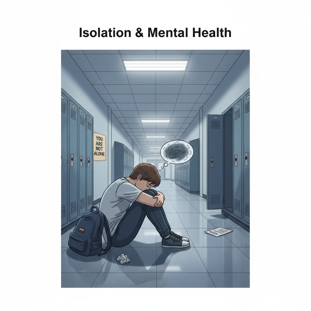 A sad student in a school hallway highlighting mental health, school withdrawal, and social pressure
