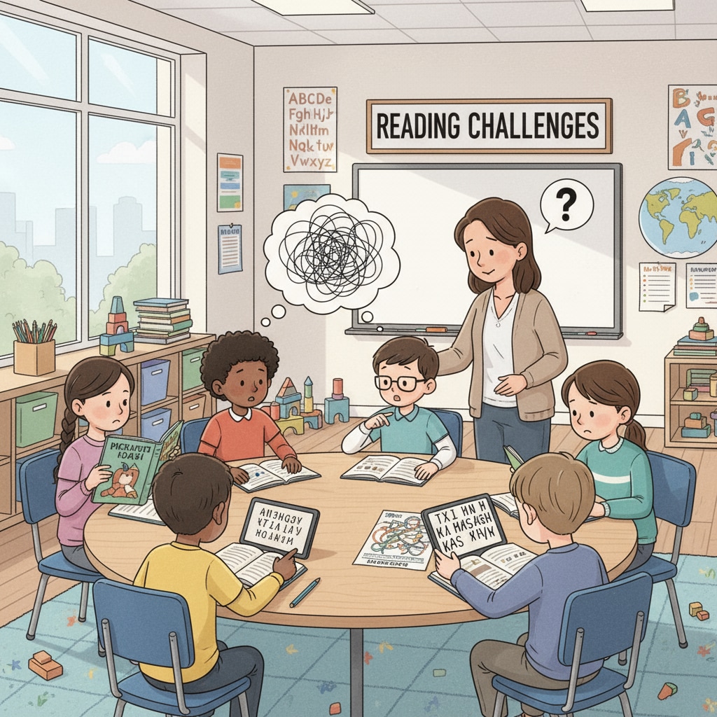 Classroom scene showing reading difficulties among diverse racial groups related to racial reporting bias and educational equality