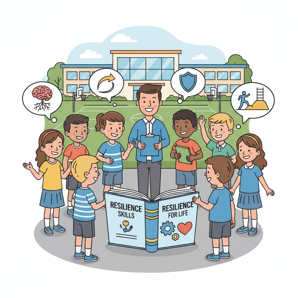 A group of students in a schoolyard, looking engaged and confident, representing the positive impact of psychological resilience training in a school setting. Students demonstrating signs of psychological resilience in a school environment, highlighting the roles of school, family, and the concept of teacher burden.
