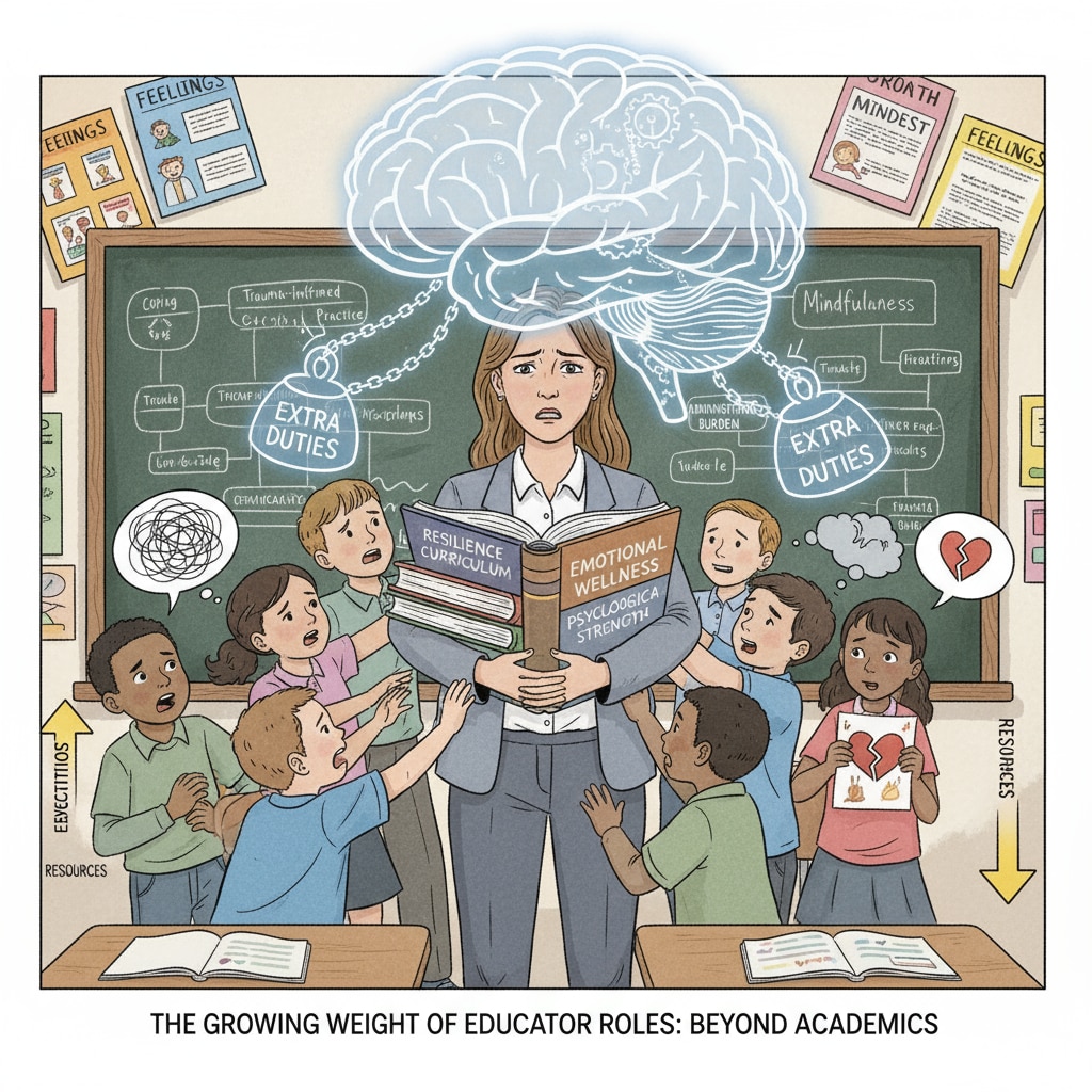 A teacher in a classroom, surrounded by students and looking a bit overwhelmed, symbolizing the increasing teacher burden due to added responsibilities in psychological resilience education. Teacher facing the challenge of increased burden while promoting students' psychological resilience, related to home-school responsibilities.