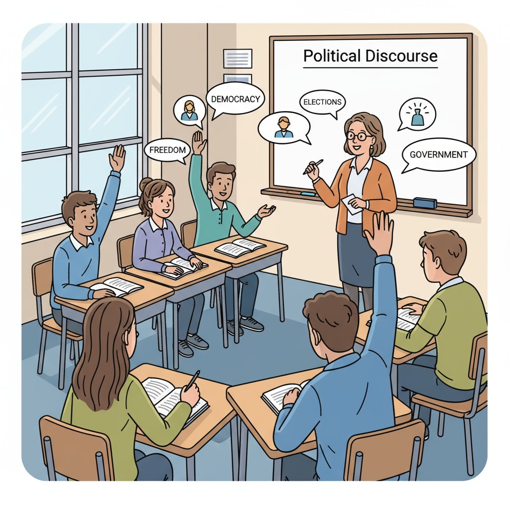 A classroom scene where students are actively discussing political topics, with some raising their hands to share their opinions. Classroom discussion related to political science for students preparing for European university studies