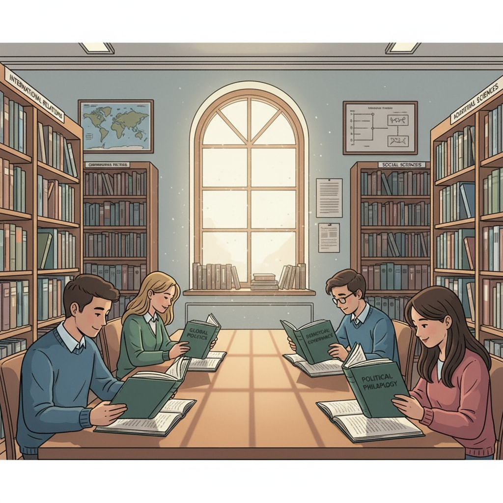 Students are sitting in the library, intently reading books about political science, surrounded by bookshelves filled with relevant materials. Students reading political science books in the library for better preparation for European university political science programs