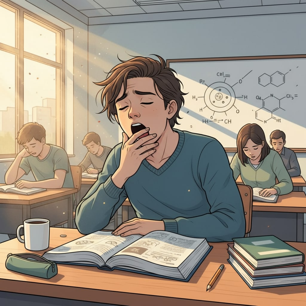 A student struggling to stay focused in a morning class due to schedule selection challenges