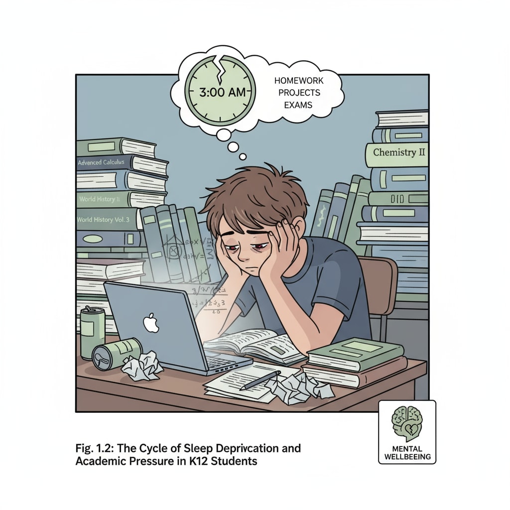 Stressed K12 student studying under pressure of sleep deprivation, mental health concerns, and school control