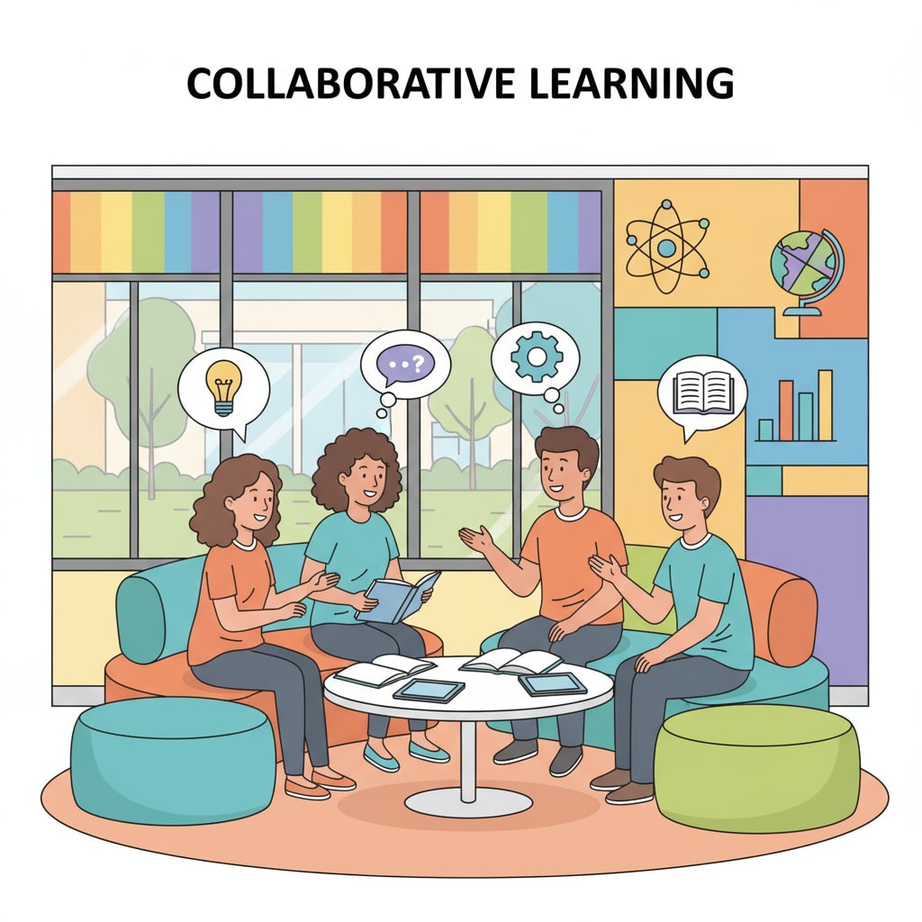 Teenagers discussing in an educational environment with architectural design elements