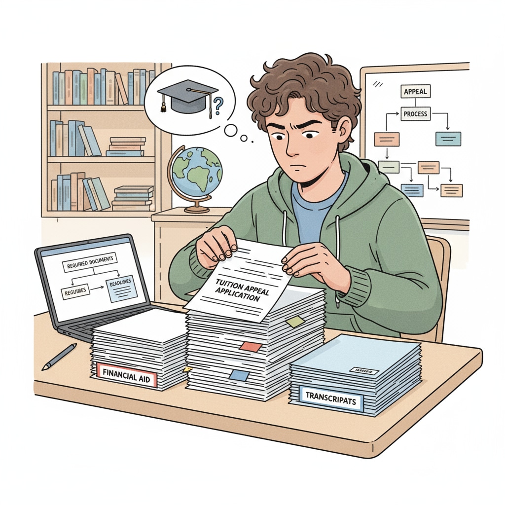 Student organizing documents for a tuition appeal regarding resident status and AB-540 form