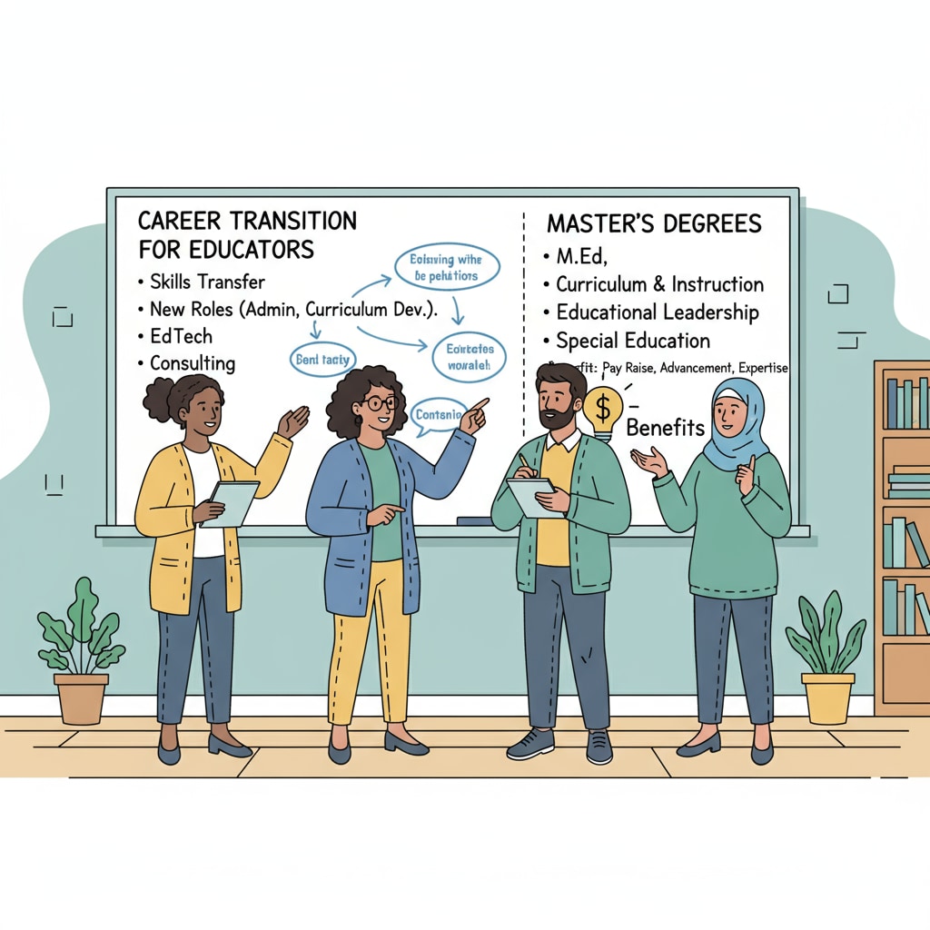 K12 teachers exploring career transition options with the help of master degrees, highlighting the concepts of versatility and new professional directions.