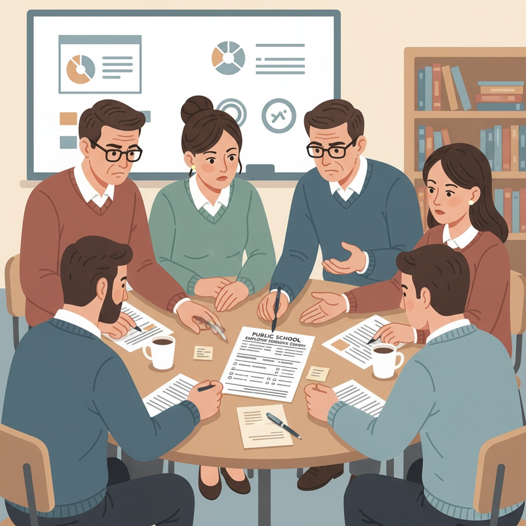 Public school teachers discussing a teaching working conditions survey form