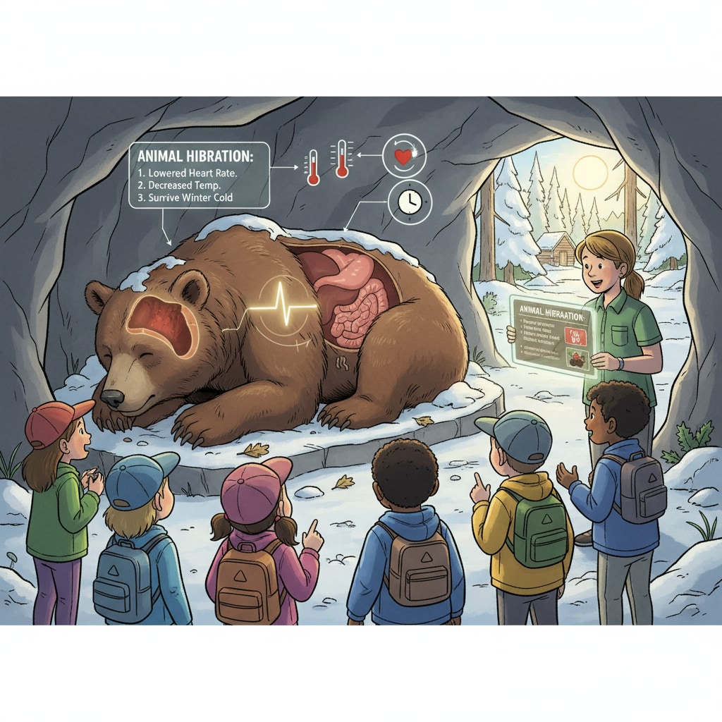 Kids observing a hibernating bear model in an animal adaptation day camp