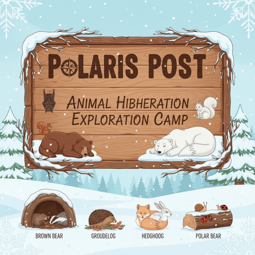 Signboard of an animal hibernation exploration camp highlighting day camps, animal adaptations, and name creativity