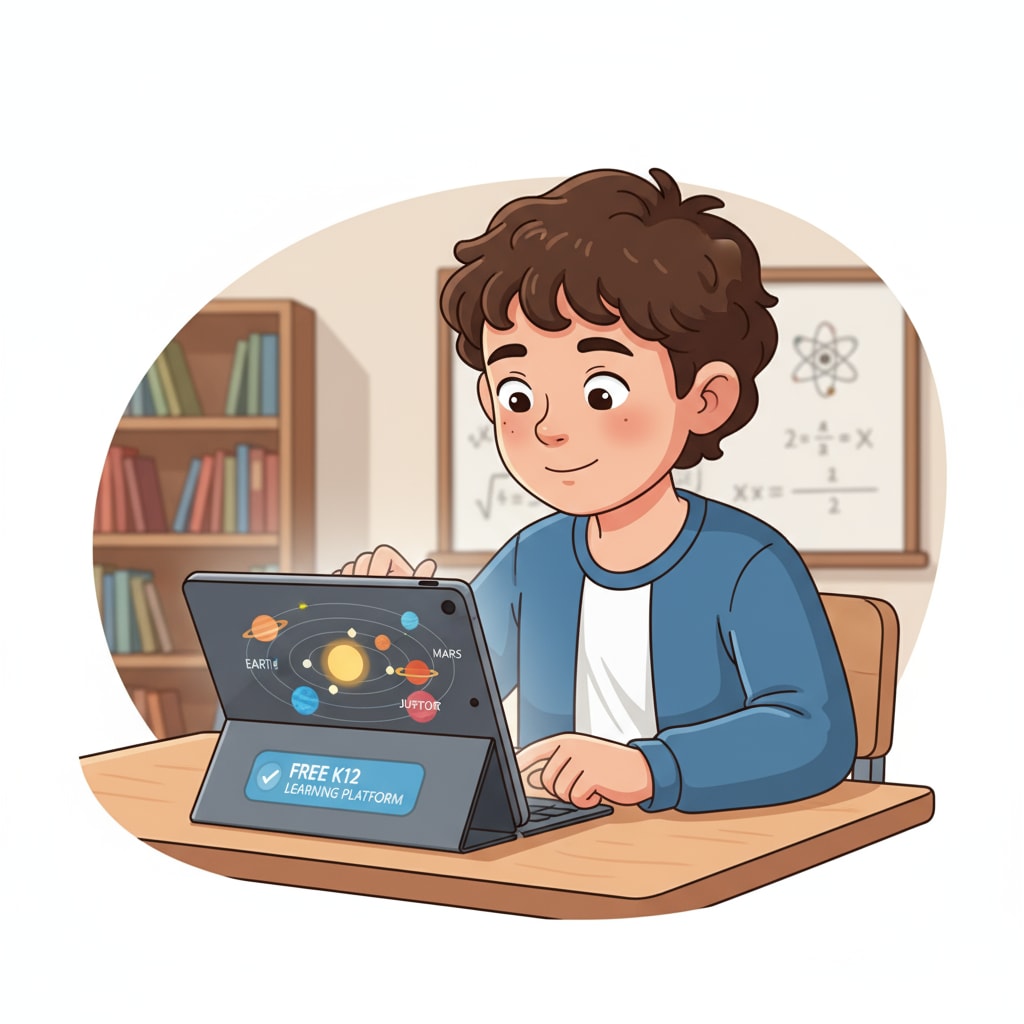 Student interacting with a free K12 learning platform on a tablet