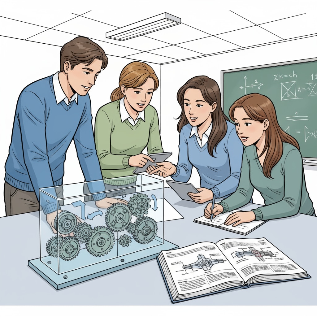Mechanical engineering students discussing gear system relevant to math education career transition
