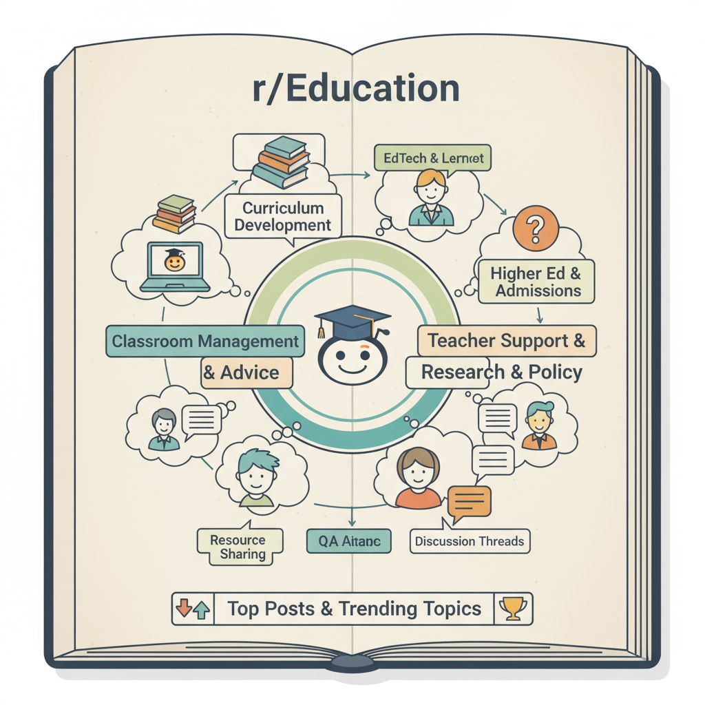 Overview of Reddit's r/Education community highlighting community rules, educational networks, and subreddits