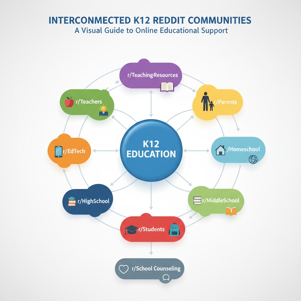 Visual of K12 education subreddits on Reddit related to community rules, educational networks, and subreddits