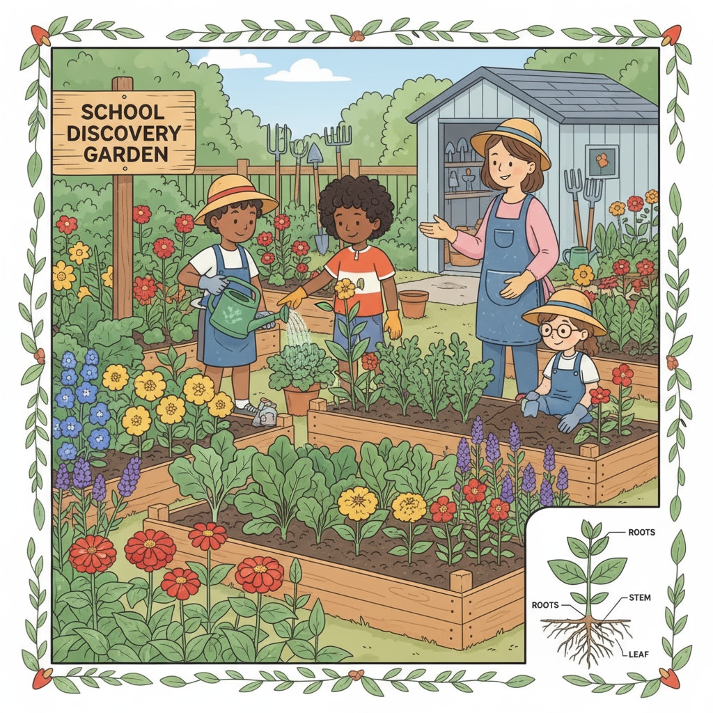 School garden as an educational tool for interdisciplinary learning with students gardening.