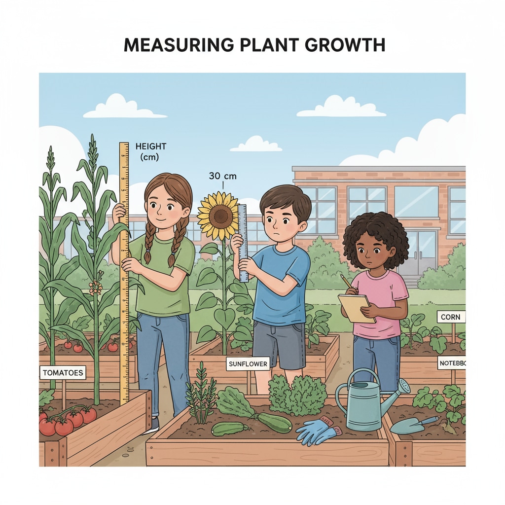 Students engaged in scientific measurement in the school garden for interdisciplinary learning.