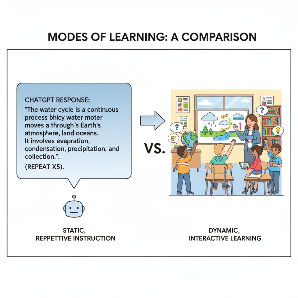 Visual representation of ChatGPT's one-dimensional teaching method in contrast to traditional teaching