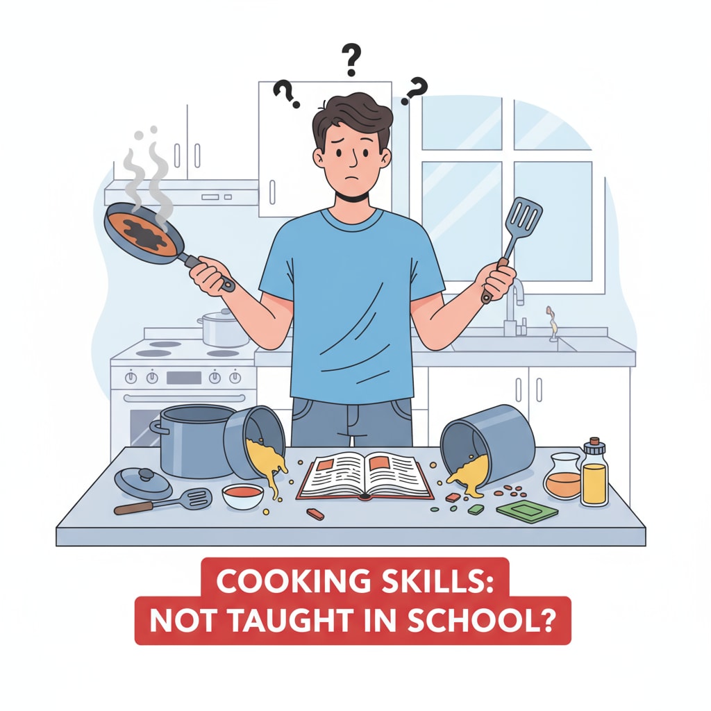 A young person struggling with cooking due to lack of school training