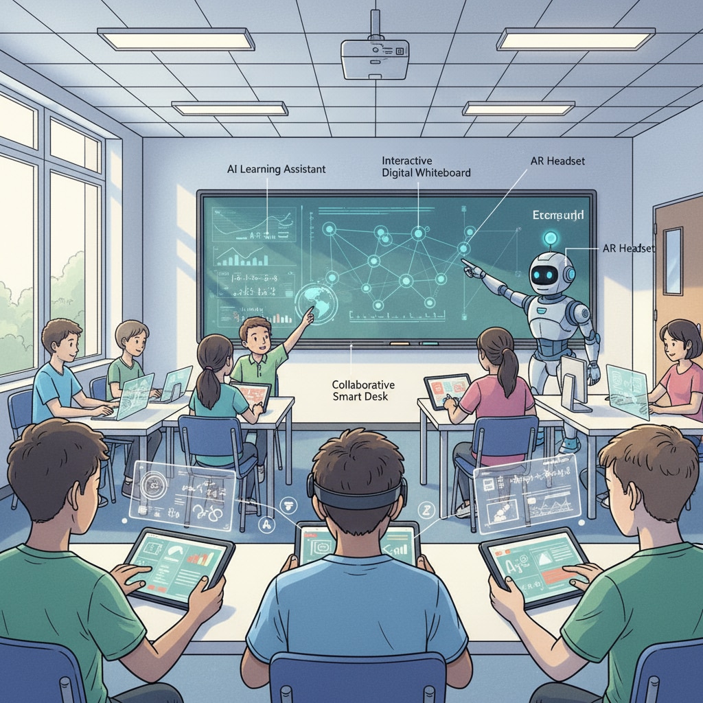 AI - based educational devices being used by students in a classroom