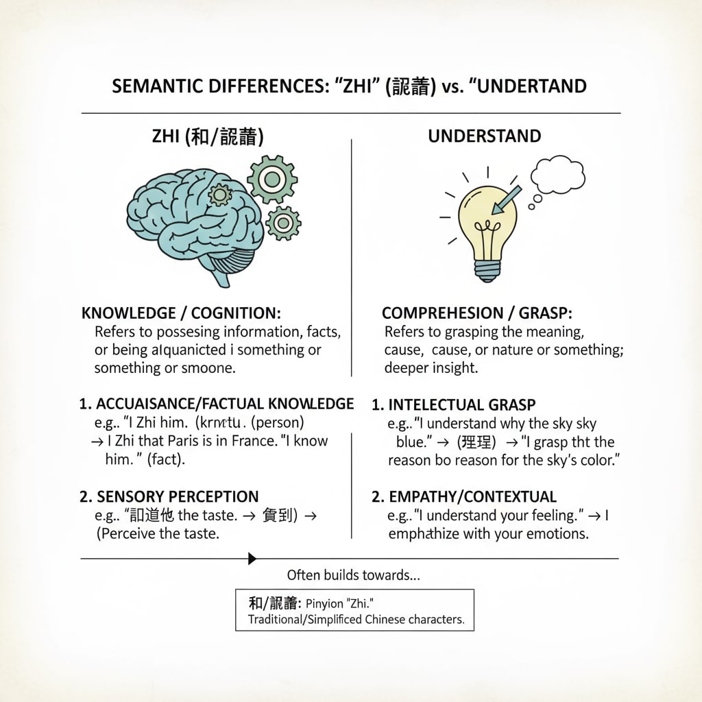 Semantic difference chart of language terms related to language differences, cultural thinking, knowledge and wisdom