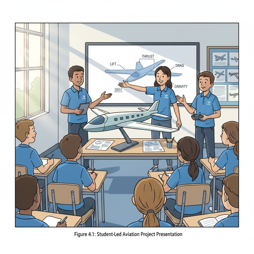 Students presenting aviation project to enhance communication skills