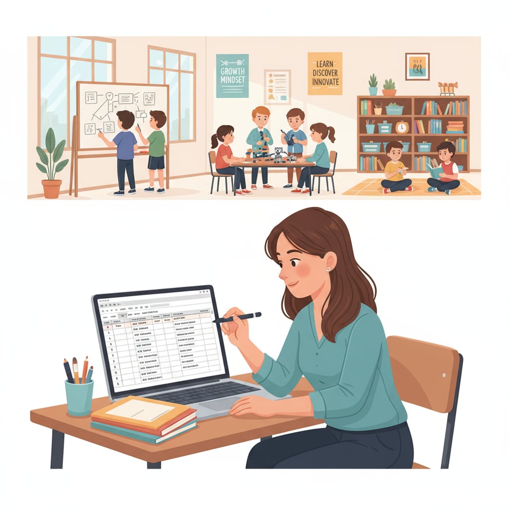 A teacher recording student data in a K12 classroom related to data documentation, micromanagement, and administrative supervision