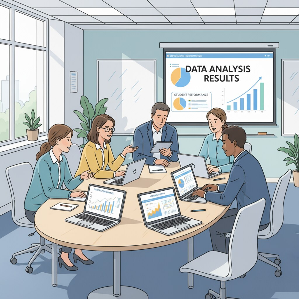 Teachers discussing data analysis results in a modern classroom, related to data analysis, free courses, learning resources in K12 education