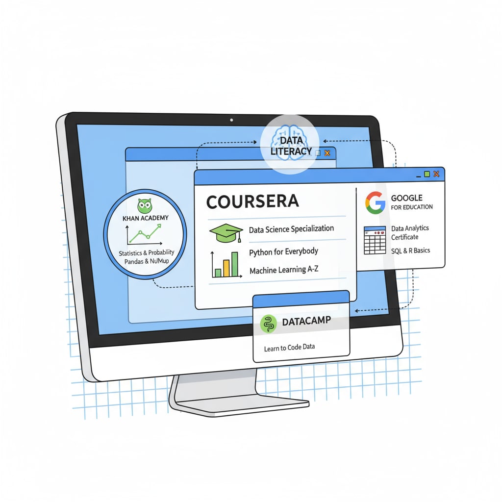 Computer screen showing various free data analysis learning platforms, relevant to data analysis, free courses, learning resources