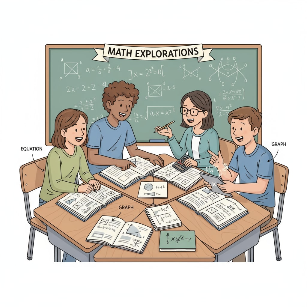 High school students discussing math problems for standardized tests in the classroom