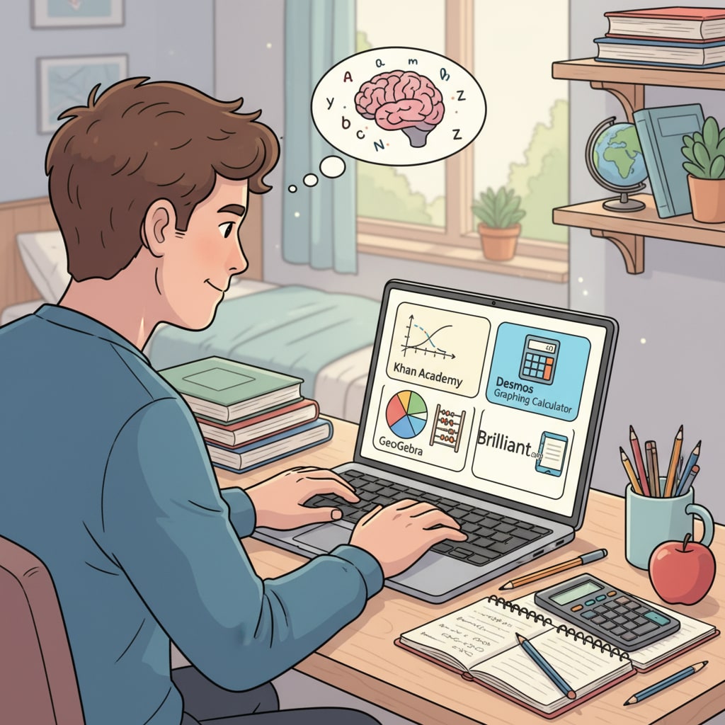 A student accessing online math resources to improve high school math skills for standardized tests