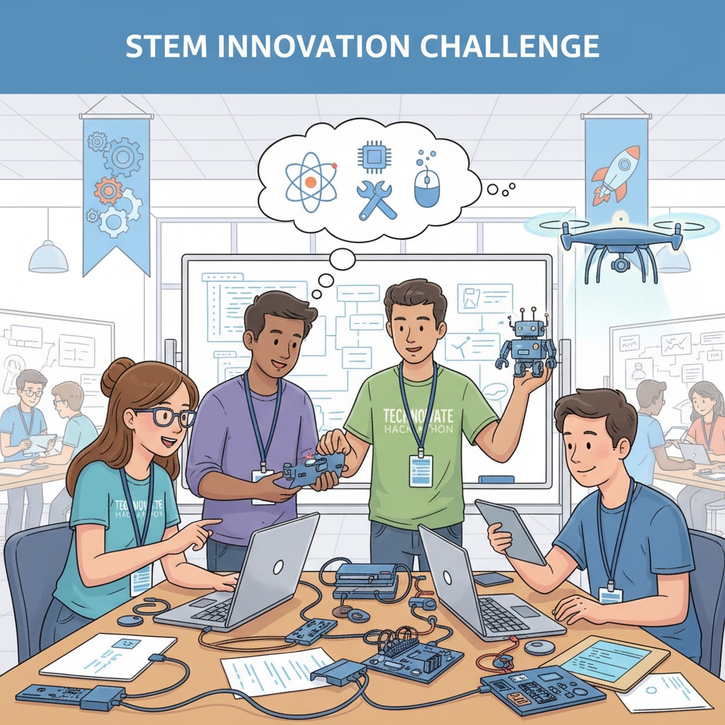 Students participating in STEM-related technology hackathon extracurricular activity