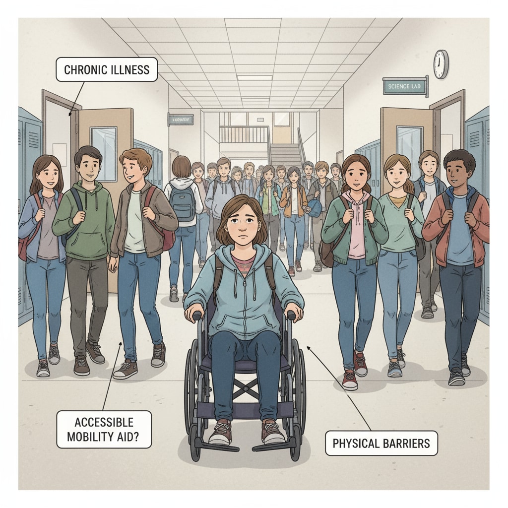 Wheelchair-using student in high school hallway
