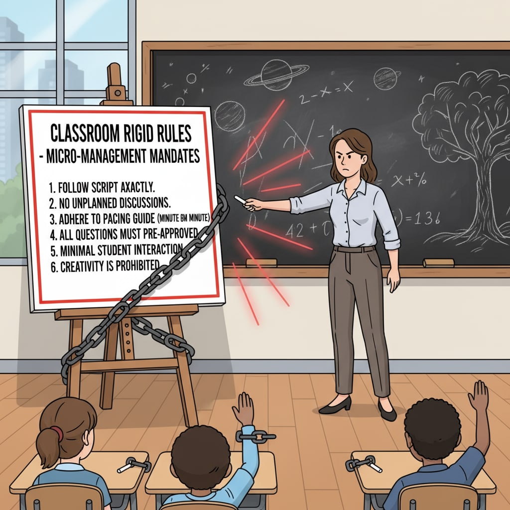 A classroom scene depicting the restriction of teaching autonomy due to micro - management and resulting work stress