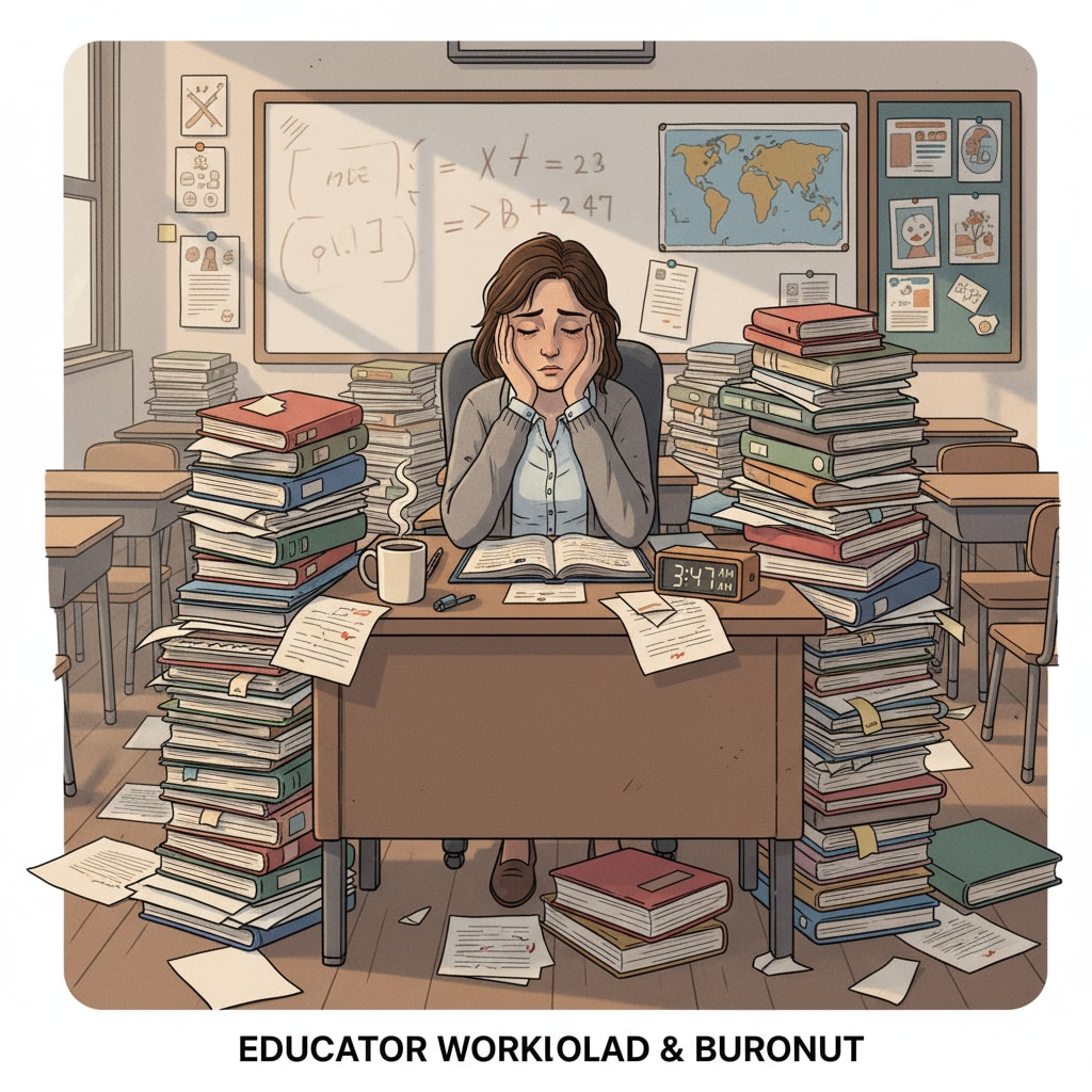 A tired teacher surrounded by paperwork, highlighting teacher workload, multi-course teaching, and job burnout.