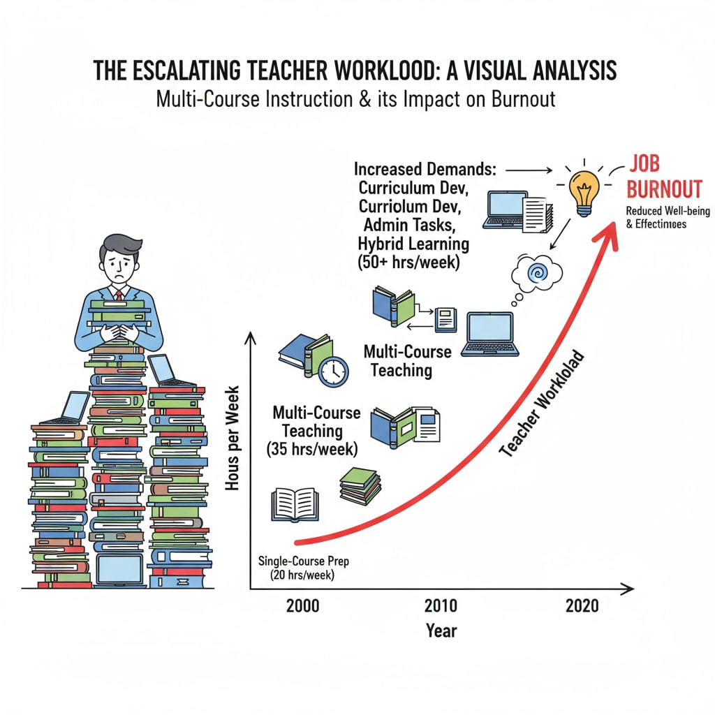 Graph depicting the rise in teacher workload over time, associated with teacher workload, multi-course teaching, and job burnout.